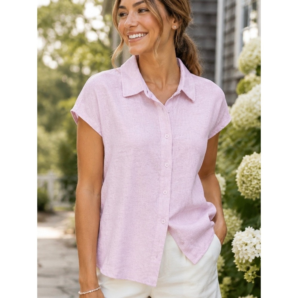 Banana Republic Womens Short Sleeve Linen Blend Button Down Lavender Medium Top